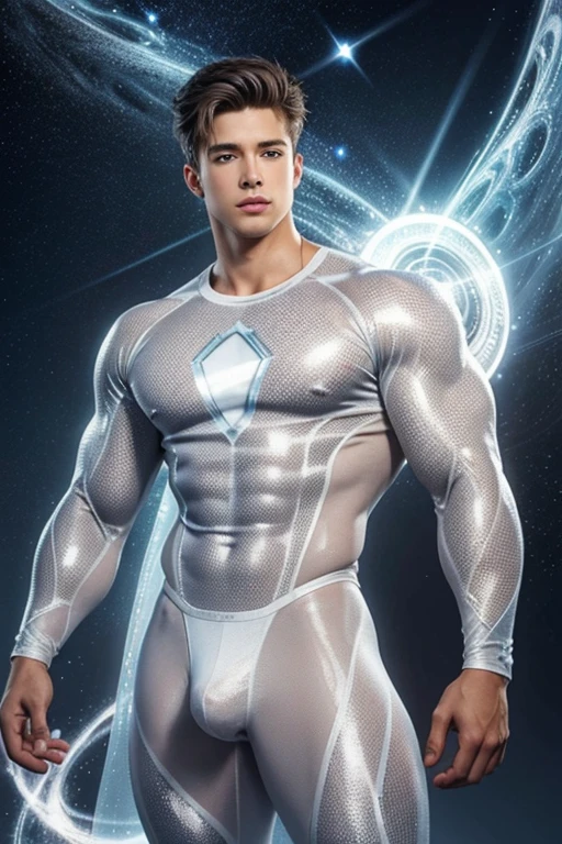Quarter body photorealistic ultra realism high definition aesthetic stabilized diffusion picture of handsome hunky fractal clean shaven Drew Van Acker as celestial Gyro wearing white and silver sparkling biomorphic transparent overall tight fit spandex. Super Bulge,