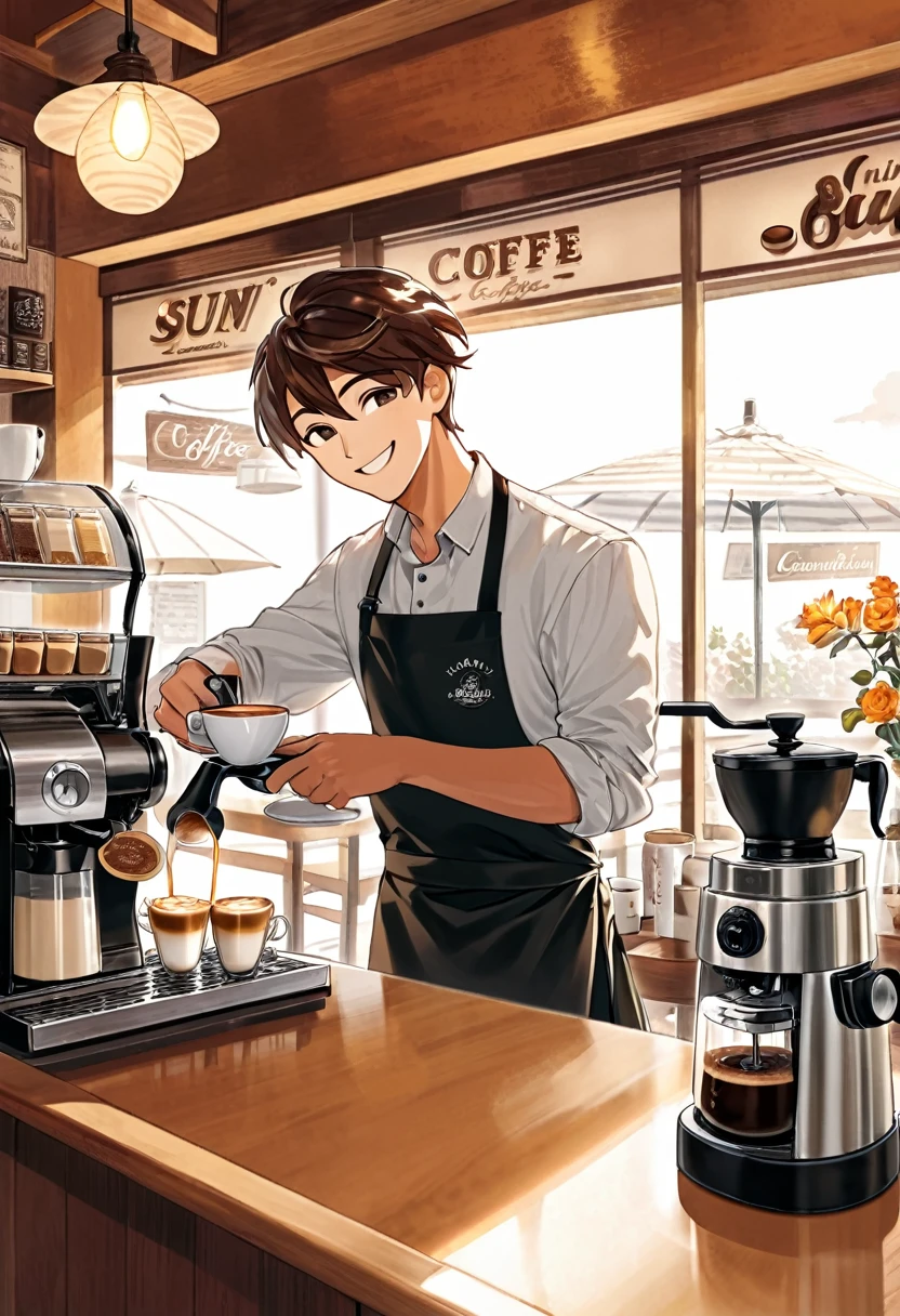 cover page, kemono boy, barista, brewing coffee, making cappuccino, making latte-art, smiling, coffee grinder, milk jug, coffee beans, making coffee right on bar, white rock bar, customers on background, inside, sun weather, coffeeshop, la marzocco, flowers, 