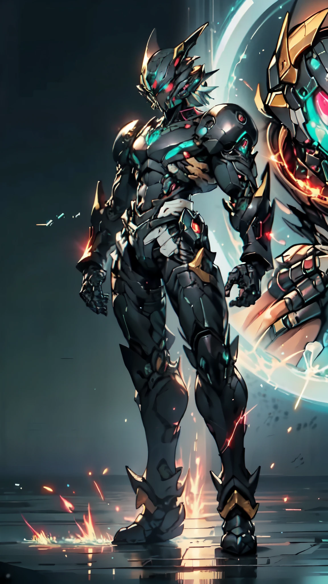 (masterpiece:1.5, best quality:1.5, extremely delicate:1.5), a man wearing a full-face helmet, a fantasy-style biotech armored combat suit, green eyes, (a composite layered chest armor), fully enclosed shoulder guards, matching arm and leg guards, belt of Neon circuit, (the color scheme is primarily blue with red and black accents), the design balances heavy with agility, a high-tech bio-mecha armor, (Armor Concept Inspired by neon Cyberpunk, stand on the top of a skyscraper in a futuristic sci-fi city), this character embodies a finely crafted fantasy-surreal style armored hero in anime style, exquisite and mature manga art style, (element, plasma, energy, the armor glows), ((male:1.5)), metallic, high definition, highres, ultra-detailed, ultra-fine painting, professional, perfect body proportions, golden ratio, anatomically correct, symmetrical face, extremely detailed eyes and face, high quality eyes, creativity, RAW photo, UHD, 32k, Natural light, cinematic lighting, masterpiece-anatomy-perfect