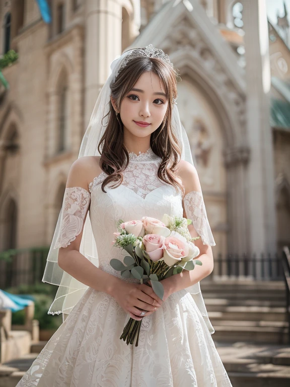 Photo-realistic quality、a woman in a Wedding dress holding a bouquet of flowers、Standing in front of the church、20 year old Japanese model、白のWedding dress,Hanae Mori style wedding dress、Japan idols at 20 years old、lace prom dresses、looking at the camera、Detailed and beautiful eyes、Cute smile、Relaxed and gentle expression、a close up of a woman in a Wedding dress holding a bouquet, Wedding dress, So magical and dreamy、Blur the background a lot、300ｍｍ F2.Shot with 8 lenses