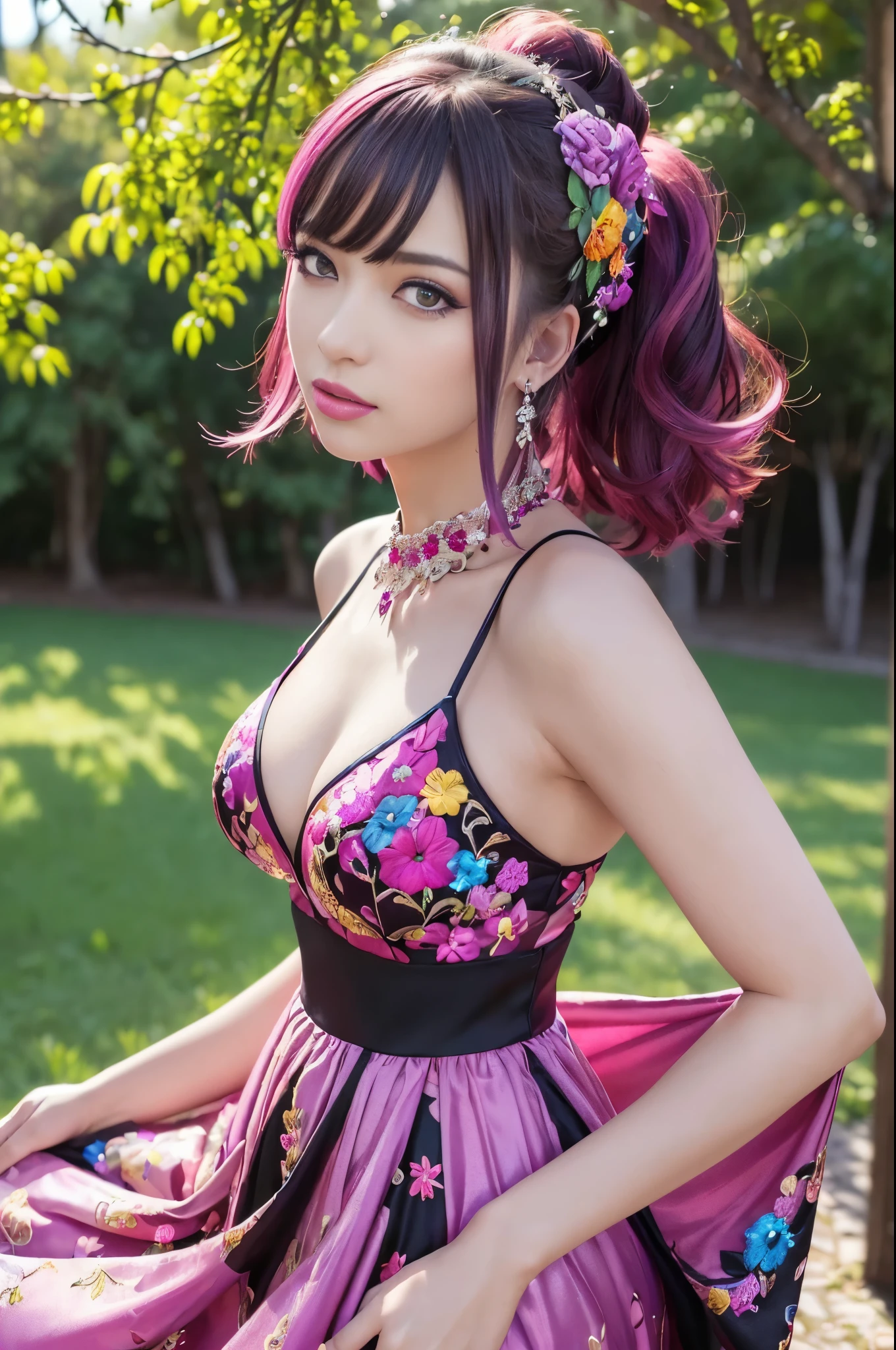 (masterpiece:1.4), (best quality:1.4), ultra high res, ultra high resolution, ((detailed facial features)), HDR, (realistic, photorealistic, photo-realistic:1.37), full body Esbian, sexy swedish model, (-anime), only 1 model, (vivid colors), ((vivid colors multicolor (fuchsia, pink, light purple) very short hair)), ((beautiful smile)), lip-gloss, long lashes, ultra detailed makeup, defined eyebrows, wearing large sparkling colorful jewelery, wearing a red silk Paradise Kiss cosplay dress with black floral embroidery, ((vivid colors outfit)), (vivid colors), look at the camera, cinematic light, large park background with trees, sweet and sexy pose