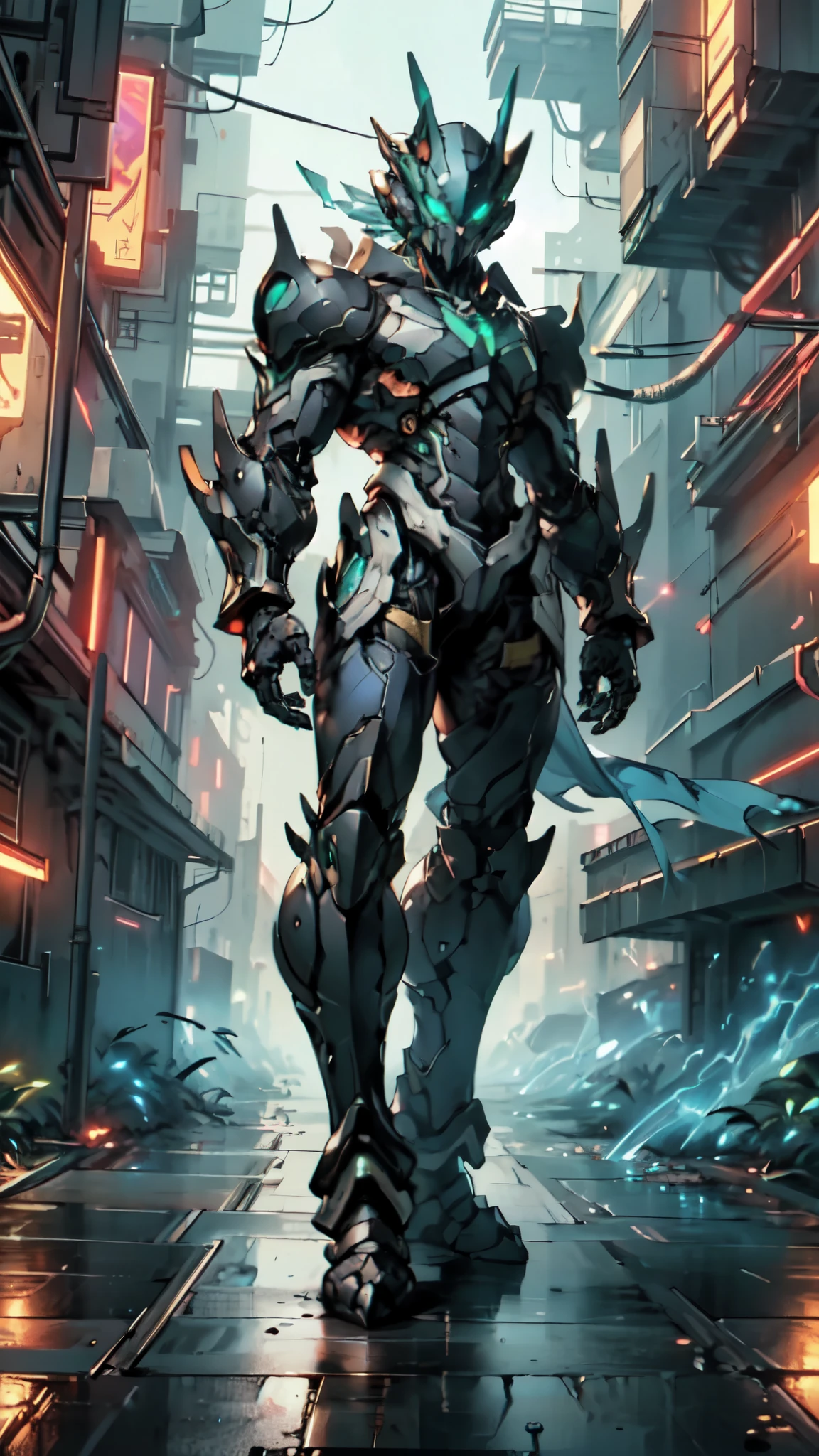 (masterpiece:1.5, best quality:1.5, extremely delicate:1.5), a man wearing a full-face helmet, a fantasy-style biotech armored combat suit, green eyes, (a composite layered chest armor), fully enclosed shoulder guards, matching arm and leg guards, belt of Neon circuit, (the color scheme is primarily blue with red and black accents), the design balances heavy with agility, a high-tech bio-mecha armor, (Armor Concept Inspired by neon Cyberpunk, stand on the top of a skyscraper in a futuristic sci-fi city), this character embodies a finely crafted fantasy-surreal style armored hero in anime style, exquisite and mature manga art style, (element, plasma, energy, the armor glows), ((male:1.5)), metallic, high definition, highres, ultra-detailed, ultra-fine painting, professional, perfect body proportions, golden ratio, anatomically correct, symmetrical face, extremely detailed eyes and face, high quality eyes, creativity, RAW photo, UHD, 32k, Natural light, cinematic lighting, masterpiece-anatomy-perfect