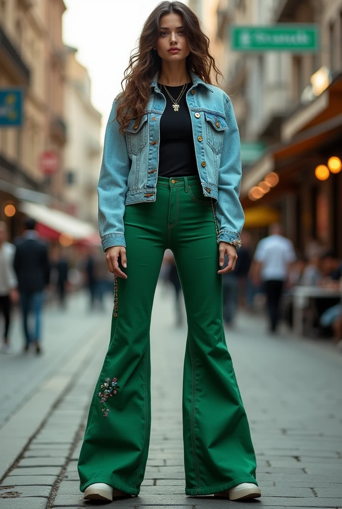 Create me an 80s outfit with dark green bell-bottom pants , a black t-shirt and a light blue jeans jacket