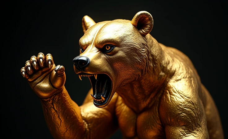 an angry shiny chrome gold bear attacking from above with its paw, black backdrop