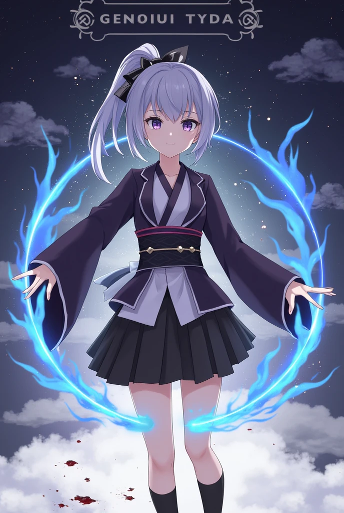 One girl, kimono, ponytail ,Gray Hair, Purple eyes, magic circle, Blue Fire, Blue Flame, wallpaper, landscape, Blood, Blood splatter, Depth of written boundary, night, Particles of light, light, Side light, Thighs, destiny \(series\), Genshin Impact, ****, Open jacket, skirt, Knee socks, cloud,Fingers are clearly visible