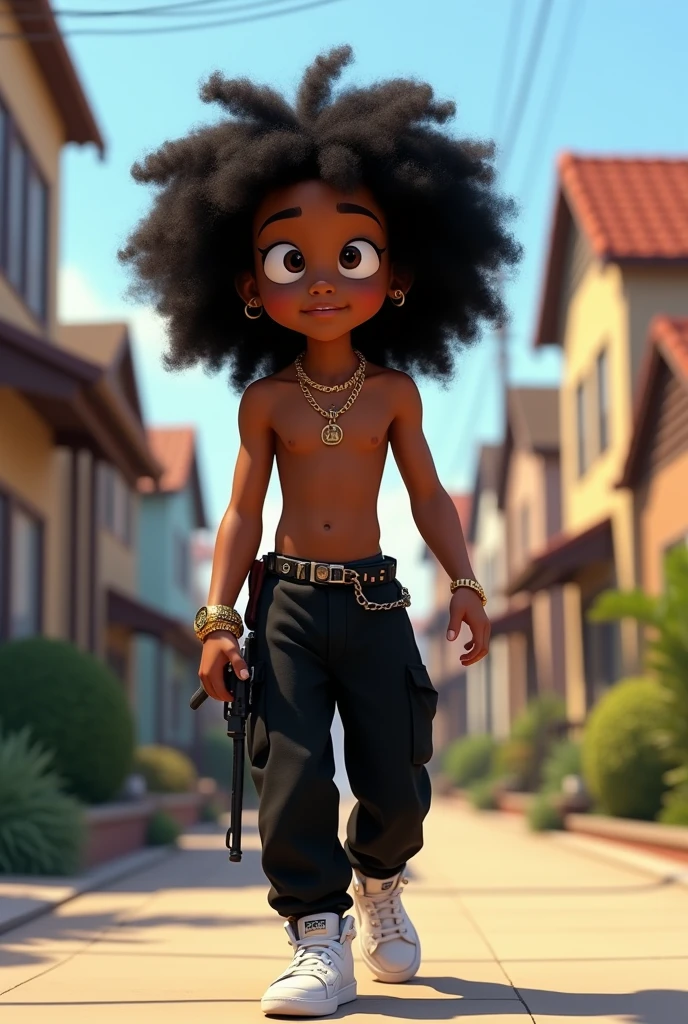Disney Pixar (YOUNG BLACK BOY WITH LONG BLACK CURLY HAIR) He is walking the streets of the neighborhood with a gun on his waist, no shirt on the body, with a WY STRONG SIL tattoo, Black baggy pants, White sneakers, many gold threads around the neck, gold watch on wrist. pixar, cool and stylish