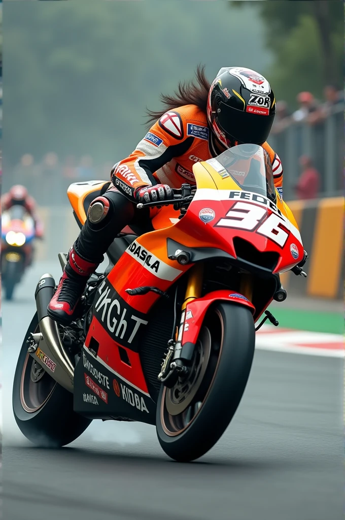 A long-haired man from Indonesia is riding a MotoGP bike,complete with his racing costume,without wearing a helmet