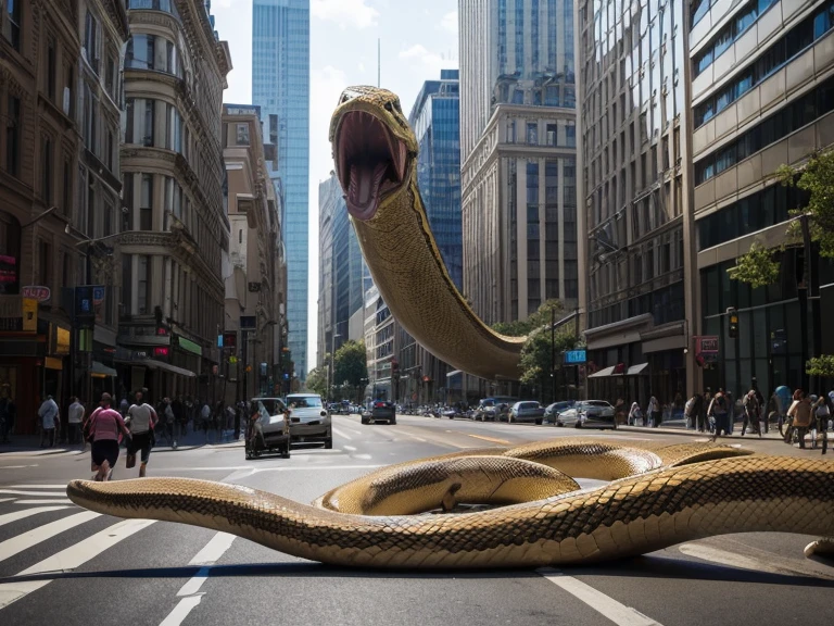 create a giant snake swallowing people on the avenue of a big city, and people running around scared
create a giant snake swallowing people on the avenue of a big city, and people running around scared