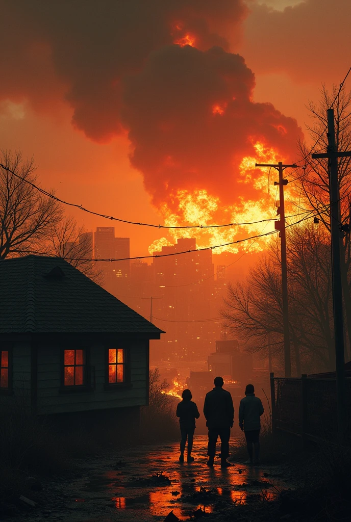A city in the distance in flames with zombies and a bunch of people seeing everything from a house.