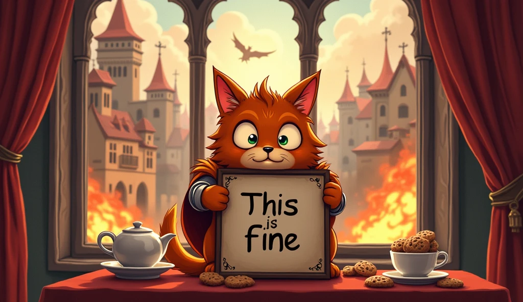 Soft cartoon style, beautiful meme with whimsical phrase "This is Fine" on a epic medieval poster, the image on the poster has a cute fluffy ginger cat knight with giant eyes, and ethereal red flames, the poster is positioned near window with Gothic ornate interior, behind the window is a fearsome dragon breathing fire onto the medieval city with intricate architecture, cozy environment, a teacup and a plate of cookies on the table.