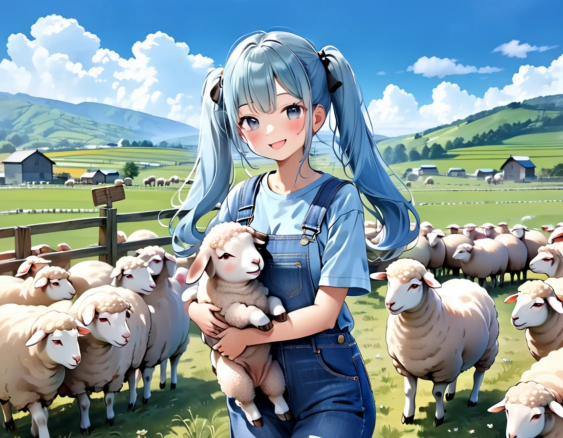 Light blue long hair、beautiful girl with twin tails、T-shirt and denim jumpsuit、A happy smile、Sheep pasture、Lots of sheep、 smiling while holding a sheep、blue sky、Two dogs watching over sheep