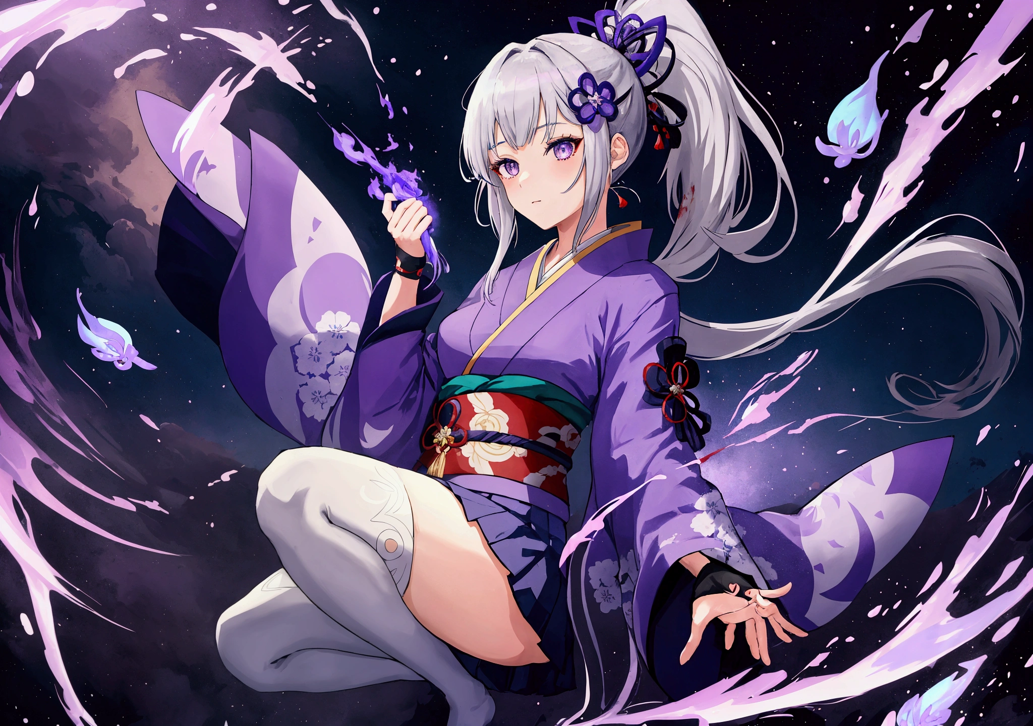 One Girl, kimono, ponytail ,Gray Hair, Purple eyes, magic circle, Blue Fire, Blue Flame, wallpaper, landscape, Blood, Blood splatter, Written boundary depth, night, Particles of Light, Light, Side Light, Thighs, destiny \(series\), Genshin Impact, ****, Open jacket, skirt, Knee socks, cloud