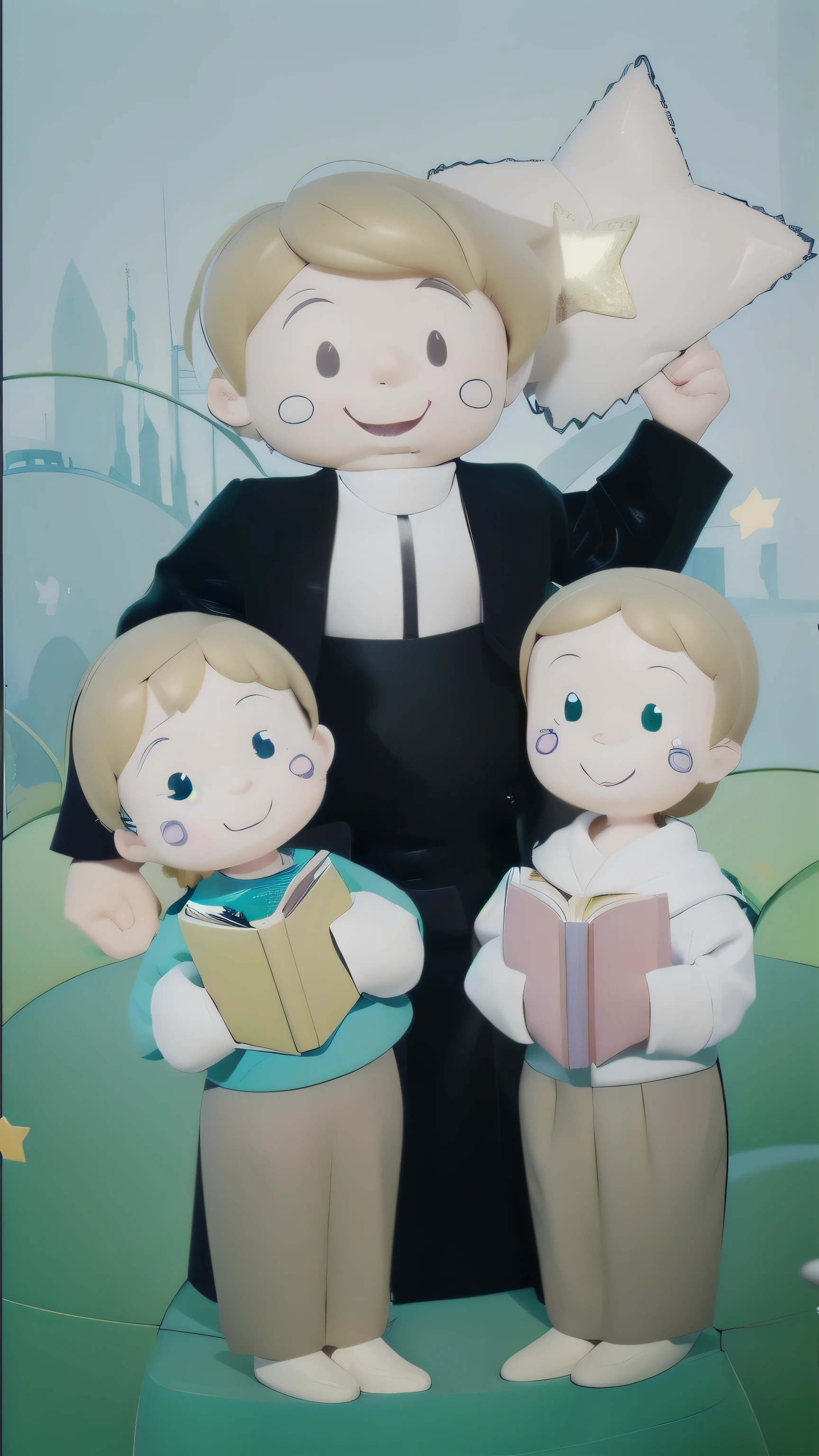 3d, 3d cartoon, a priest and children holding a star and a book