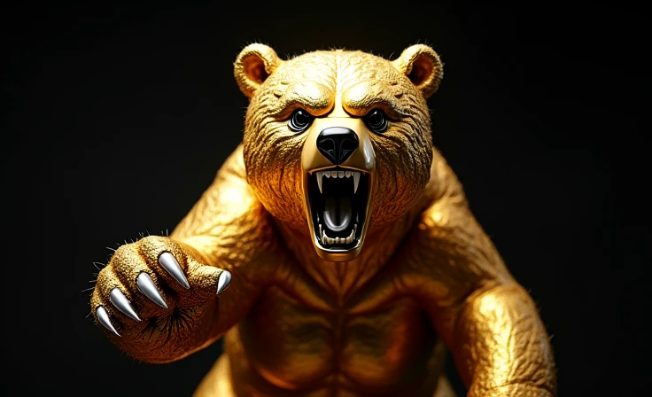 an angry shiny chrome gold bear attacking from above with its paw, black backdrop