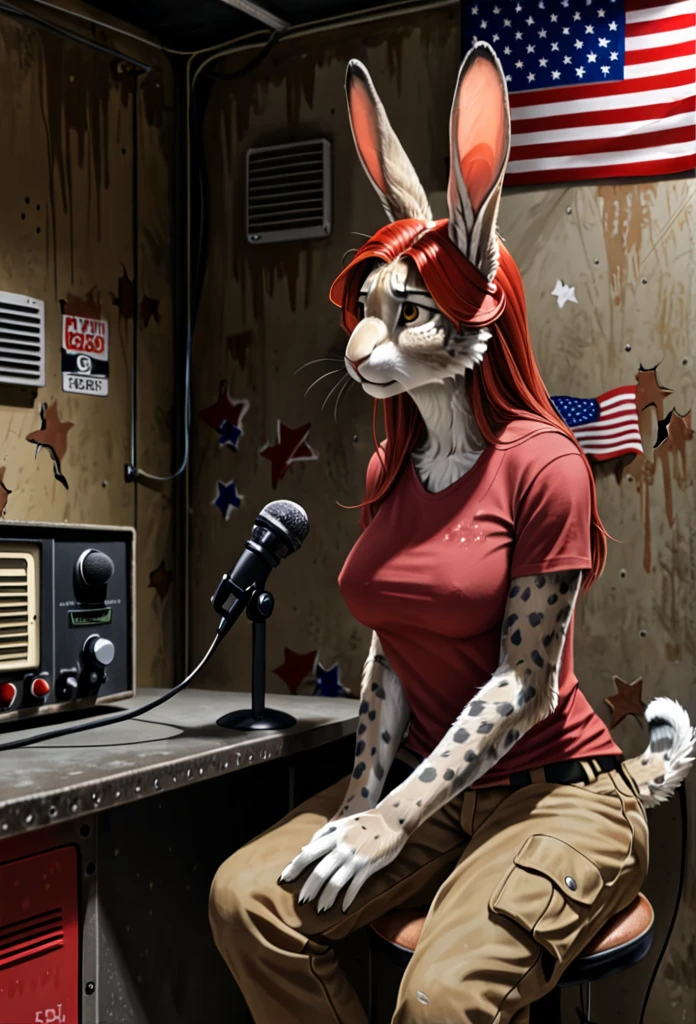 solo, (full body), furry, female, anthro, hare-bobcat hybrid, (((light gray spotted fur))), ((long rabbit ears)), ((feline snout)), ((golden brown eyes)), ((long crimson red hair)), (cat tail), (realistic fur body, realistic hair, realistic eyesj, tight red t-shirt, large E-cup size breasts, brown cargo pants, bunker, garage, sitting at a radio console, microphone, dim lighting, tattered american flag on wall, From Side, tired, concerned, talking into microphone