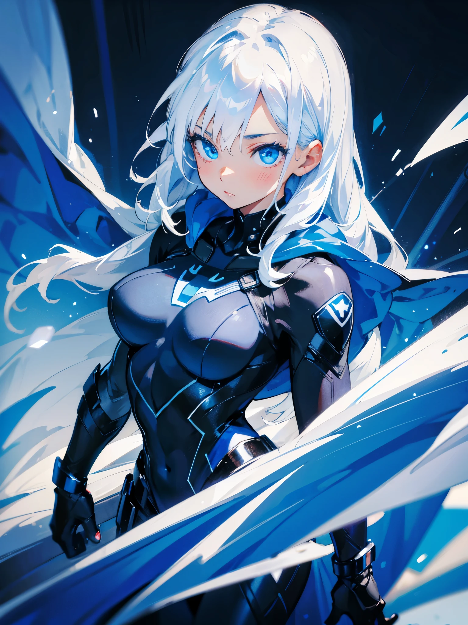 Hot girl, white hair, blue eyes, black superhero suit