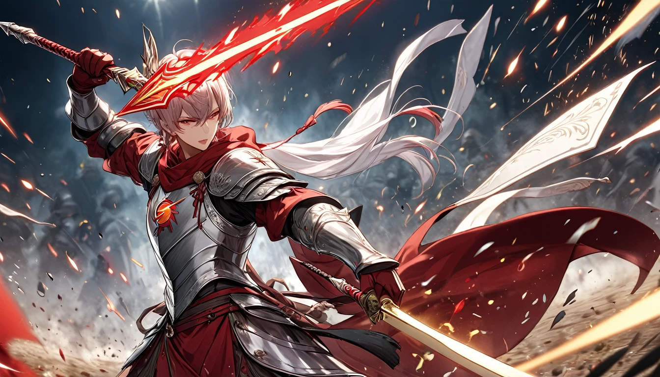 **175. One person。Spear fight scene。Medieval fantasy world。Cowboy shot or close-up。
masterpiece, best quality, ultra detailed (Detailed fingers), (Emotional), (Breathtakingly beautiful),
(main part: 1.2 Whole body。), (Anime Style), (Very detailed), (Brutal),
(超High resolution, High resolution), (8k), (High resolution: 1.2), (Complex and beautiful: 1.2)**
- background: Vast battlefields、A figure that stands out among the spearmen in battle。
- Spearman: Heavily Armored Spearman、Has a shining spear。
-pose: Rushing towards the enemy、The moment he holds his spear。
-expression: A fighting expression、Determination that reflects the intensity of the battlefield。
- Effects: The flash of light as the spear cuts through the air and the dust from the battlefield create a powerful scene.。
-color: Steel silver and blood red、Battlefield Rough々Contrast that emphasizes the beauty。