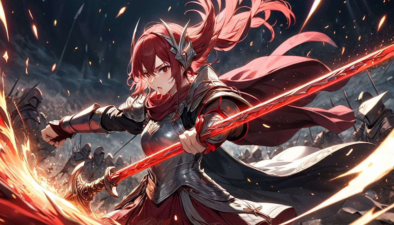 **175. One person。Spear fight scene。Medieval fantasy world。Cowboy shot or close-up。
masterpiece, best quality, ultra detailed (Detailed fingers), (Emotional), (Breathtakingly beautiful),
(main part: 1.2 Whole body。), (Anime Style), (Very detailed), (Brutal),
(超High resolution, High resolution), (8k), (High resolution: 1.2), (Complex and beautiful: 1.2)**
- background: Vast battlefields、A figure that stands out among the spearmen in battle。
- Spearman: Heavily Armored Spearman、Has a shining spear。
-pose: Rushing towards the enemy、The moment he holds his spear。
-expression: A fighting expression、Determination that reflects the intensity of the battlefield。
- Effects: The flash of light as the spear cuts through the air and the dust from the battlefield create a powerful scene.。
-color: Steel silver and blood red、Battlefield Rough々Contrast that emphasizes the beauty。