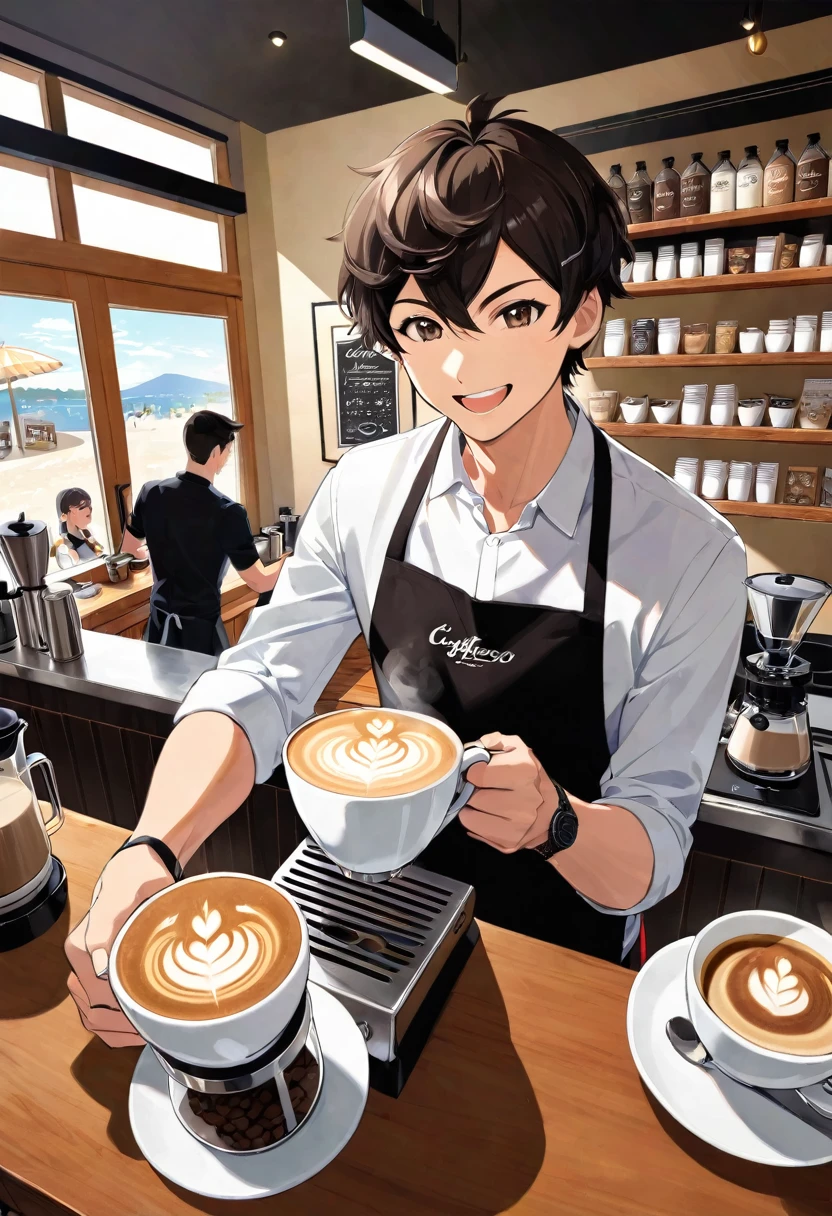 cover page, kemono boy, barista, brewing coffee, making cappuccino, making latte-art, smiling, coffee grinder, milk jug, coffee beans, making coffee right on bar, white rock bar, customers on background, inside, sun weather, coffeeshop, la marzocco, flowers,