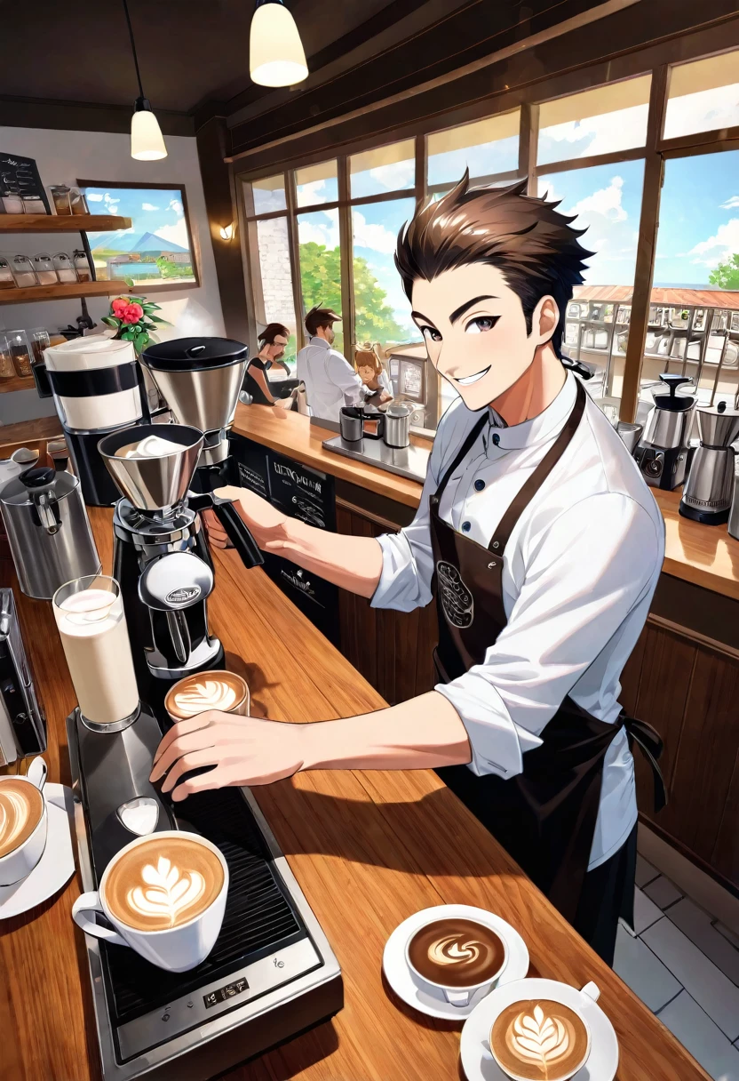 cover page, kemono boy, barista, brewing coffee, making cappuccino, making latte-art, smiling, coffee grinder, milk jug, coffee beans, making coffee right on bar, white rock bar, customers on background, inside, sun weather, coffeeshop, la marzocco, flowers,