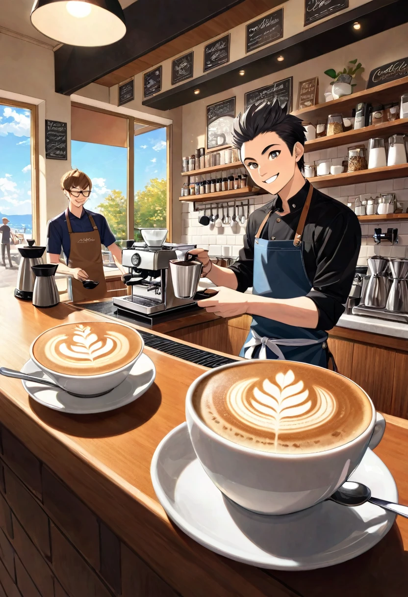 cover page, kemono boy, barista, brewing coffee, making cappuccino, making latte-art, smiling, coffee grinder, milk jug, coffee beans, making coffee right on bar, white rock bar, customers on background, inside, sun weather, coffeeshop, la marzocco, flowers,