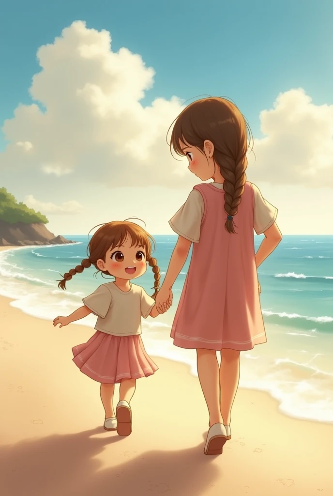 2 girl holding hands with her older sister, braided hair, walking along the beach
