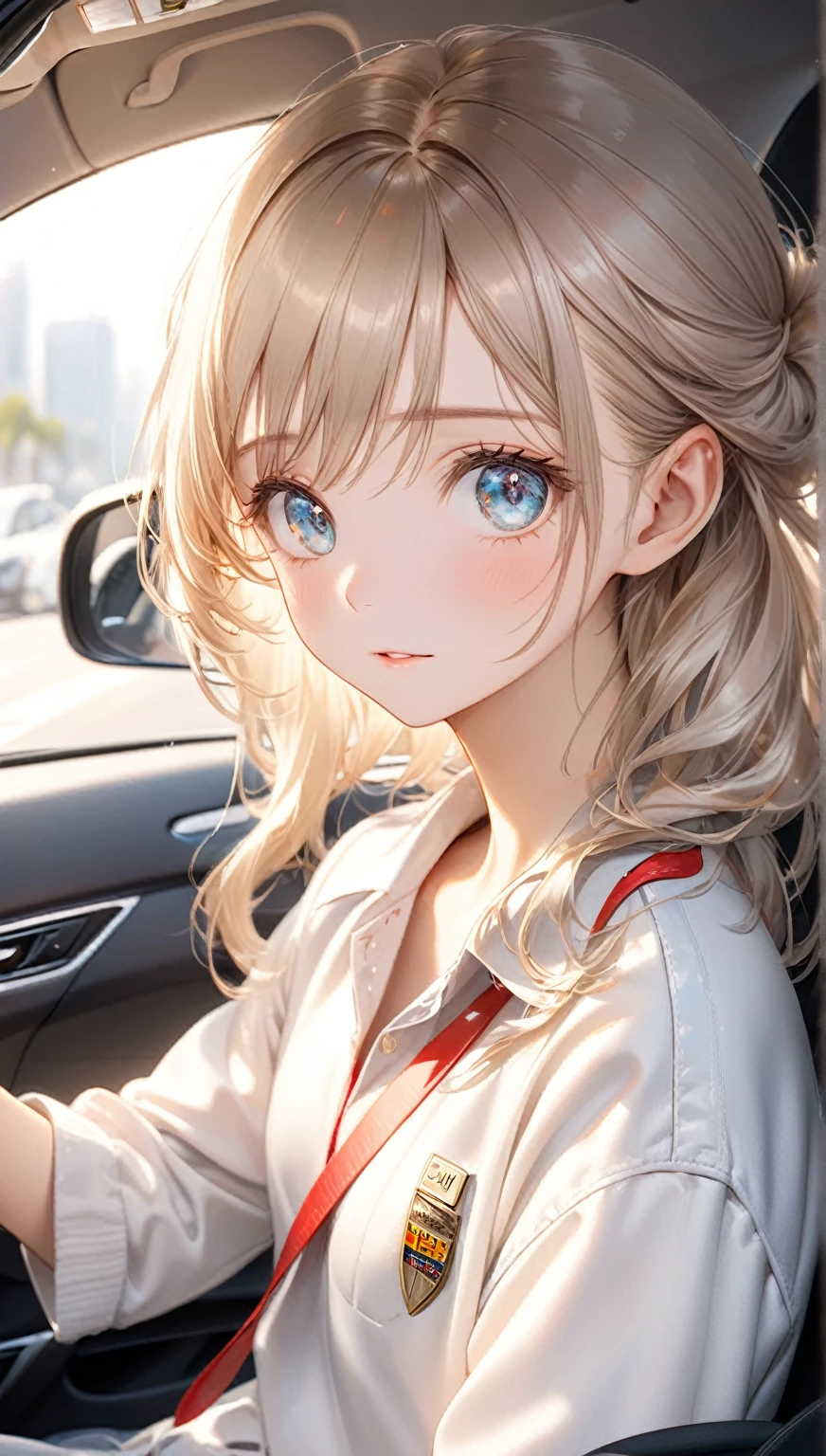 (Highest quality,8k,32K,masterpiece,Ultra-high resolution :1.2 ),born,One girl,Super cute,Natural light,Clear, shining eyes,20-year-old,Fair skin,Car driver&#39;s seat electronic world fantasy background,Golden Hair,short hair,In the car,In underwear,bra