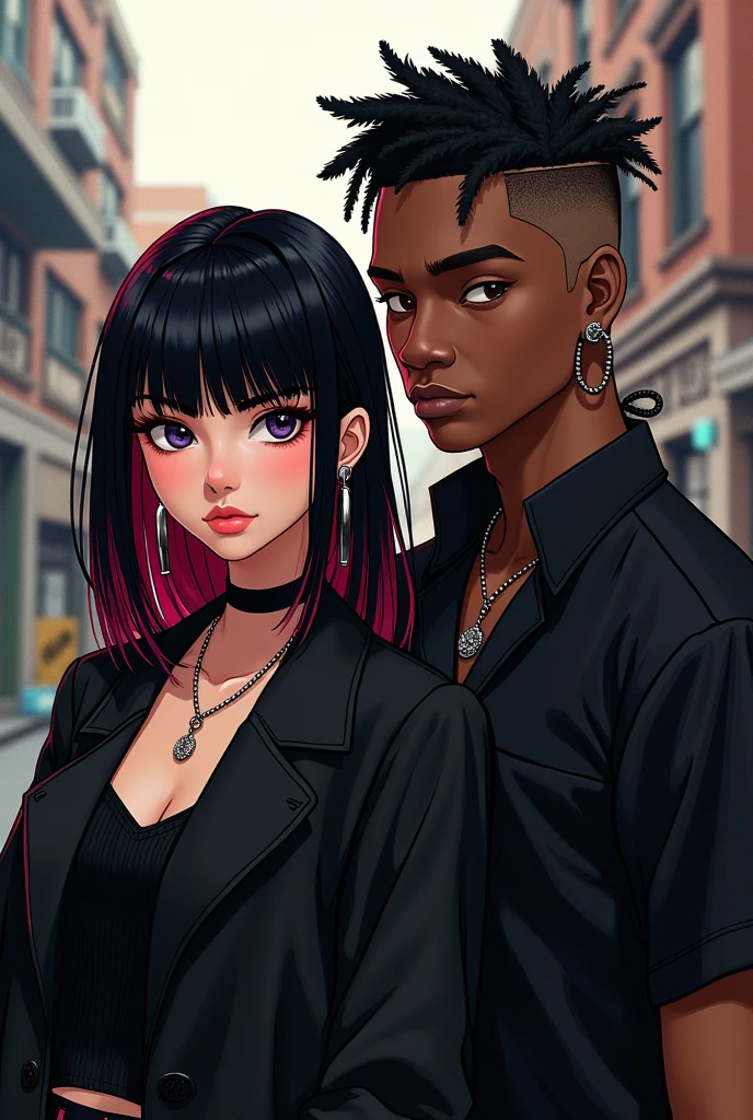 e-girl with a black coat, straight hair with a few strands of hair dyed a little pink, a little towards red, with the rest of her hair black, a little of that color on the bangs, and a dark-skinned man with short hair shaved on the side, with a thick cord, with a black blouse
