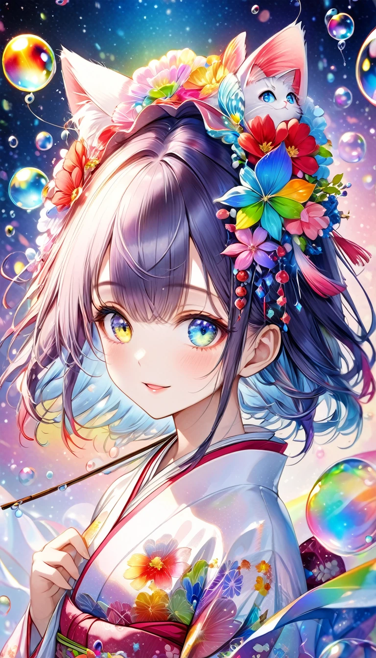 (((masterpiece))), (((Highest quality))),((Ultra-detailed)), A fusion of watercolor and oil painting, Psychedelic world, Watercolor splash,Very colorful tones, Commemorative photo, Japanese Kimono,cute, beautiful girl, Lolita, 15-year-old girl, 1 cute girl, (Look forward), (Looking at this), (Very delicate and beautiful face), (Beautiful eyes in every detail), ((((Heterochromia Iridum - Red and Blue Eye Color)))),Through the bangs, shiny indigo hair,Bob, Beautiful attention to detail, Beautiful lip detail, Highly detailed face, Attractive eyes, Long eyelashes, smile, Open your mouth a little, Cat ear, 髪の色と同じ色のCat ear,One Girl, ((The most beautiful girl of all time))),Digital Art, pastel colour, ((Use the rainbow as your main color)),Vibrant colors,fantasy art pieces,dream-like,Mythical fantasy with rainbow accents,Fairytale Fantasy,(((Colorful flowers))), (((Translucent rainbow))),Rainbow gradient,Subtle iridescent details,Gives off an aura of magic,Character clothing should be designed in kimono, Exquisite detail,Heavenly, Flowers,((Upper body close-up)),Soft lighting, Cinematic, romantic, baby doll、Framing above the chest, Colorful gel background, Fractal Floral Background, Soap bubble, Sparkling, Sparkling, Small faint lights and flying fireflies, star, 流れstar,crystal,Lolita, Perfect lighting, Sharp focus, High resolution, High resolution,High color rendering, High resolution