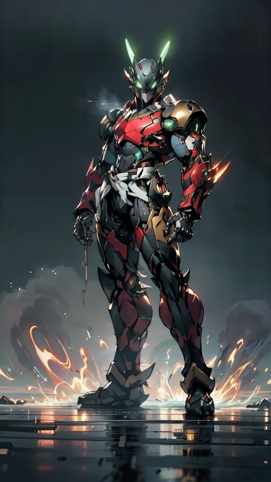 (masterpiece:1.5, best quality:1.5, extremely delicate:1.5), a man wearing a full-face helmet, a fantasy-style biotech armored combat suit, green eyes, (a composite layered chest armor), fully enclosed shoulder guards, matching arm and leg guards, belt of Neon circuit, (the color scheme is primarily blue with red and black accents), the design balances heavy with agility, a high-tech bio-mecha armor, (Armor Concept Inspired by neon Cyberpunk, stand on the top of a skyscraper in a futuristic sci-fi city), this character embodies a finely crafted fantasy-surreal style armored hero in anime style, exquisite and mature manga art style, (element, plasma, energy, the armor glows), ((male:1.5)), metallic, high definition, highres, ultra-detailed, ultra-fine painting, professional, perfect body proportions, golden ratio, anatomically correct, symmetrical face, extremely detailed eyes and face, high quality eyes, creativity, RAW photo, UHD, 32k, Natural light, cinematic lighting, masterpiece-anatomy-perfect