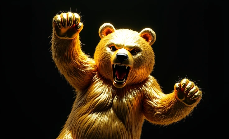 an angry shiny chrome gold bear attacking from above with its paw, fully body, black backdrop
