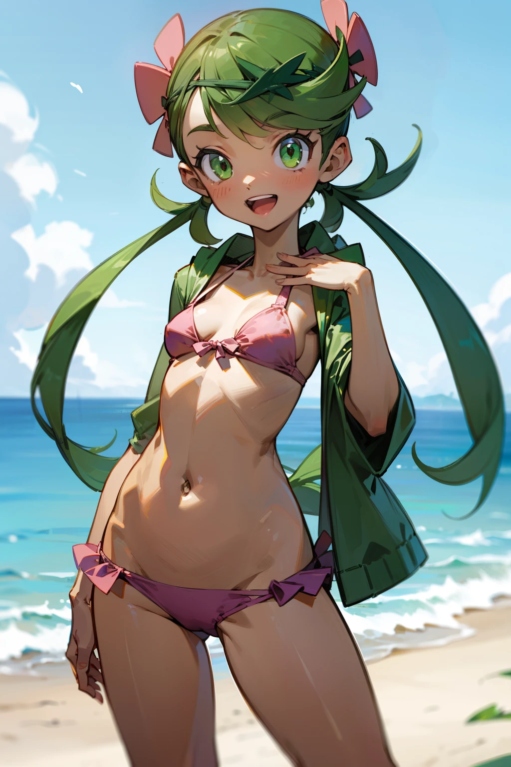 (Masterpiece), Best Quality, ultra-detailed, 1girl (zodiac_mallow, lovely small breasts, dark skin, green hair, long hair, twintails, green eyes), a bright face,  smile, open mouth, solo, green  parkas, pink frill bikini, outdoors, beach, standing, Sexy waist teasing 