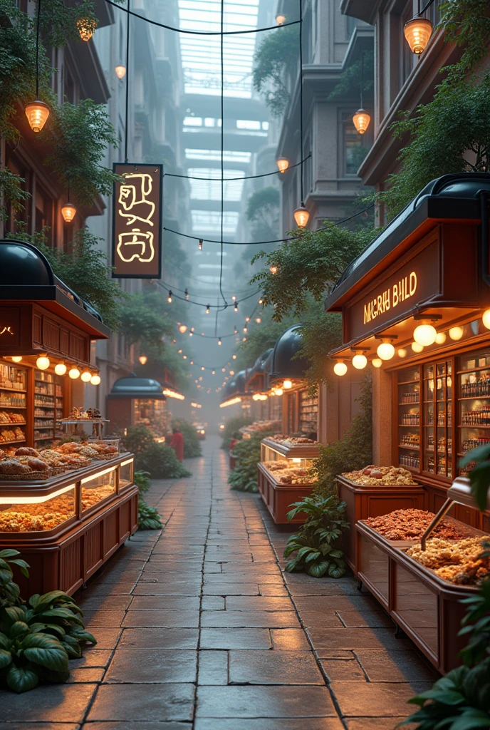 Generates photos of food and clothing stores for a futuristic city in 2050