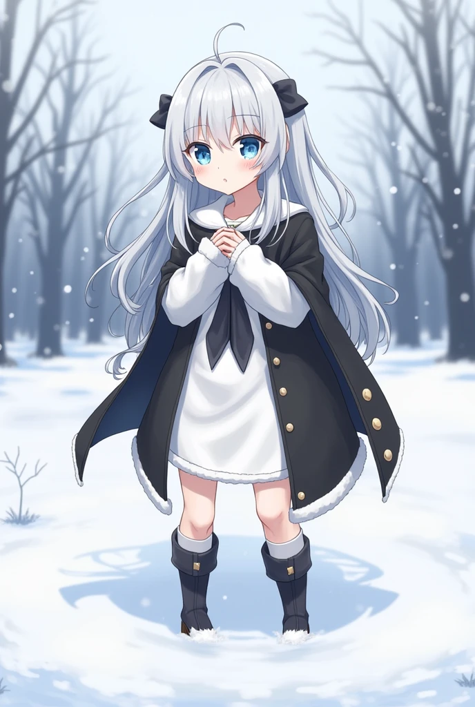 anime,Change ,Whole body, by the wide, by white, blue eyes, black and white clothes, small stature snowy place background