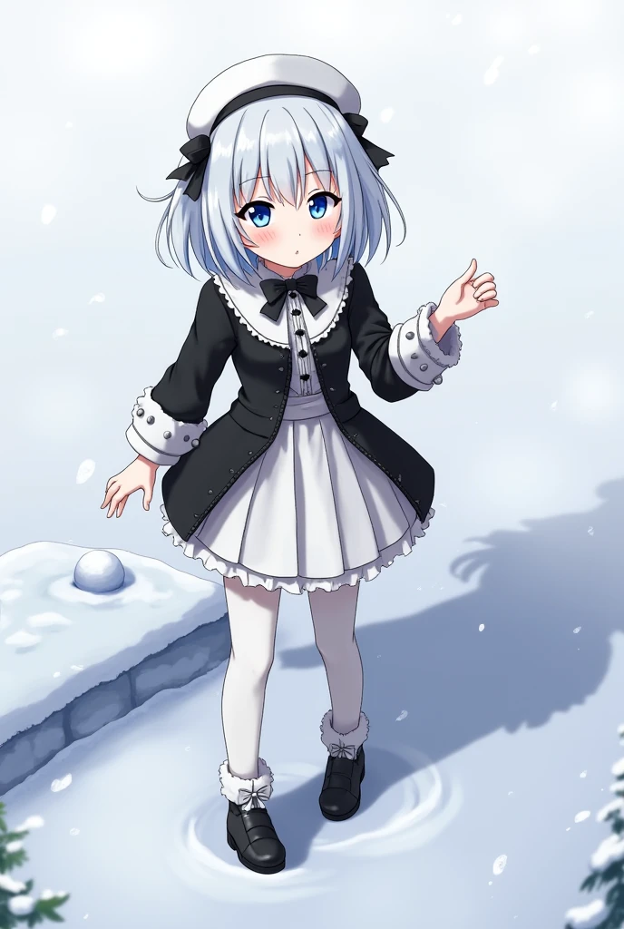 anime,Change ,Whole body, by the wide, by white, blue eyes, black and white clothes, small stature snowy place background