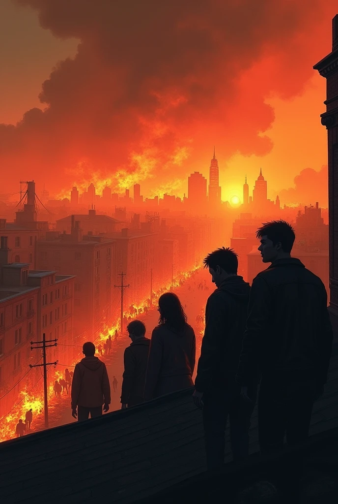 A city in the distance in flames with zombies and a bunch of people seeing everything from a rooftop in a house.