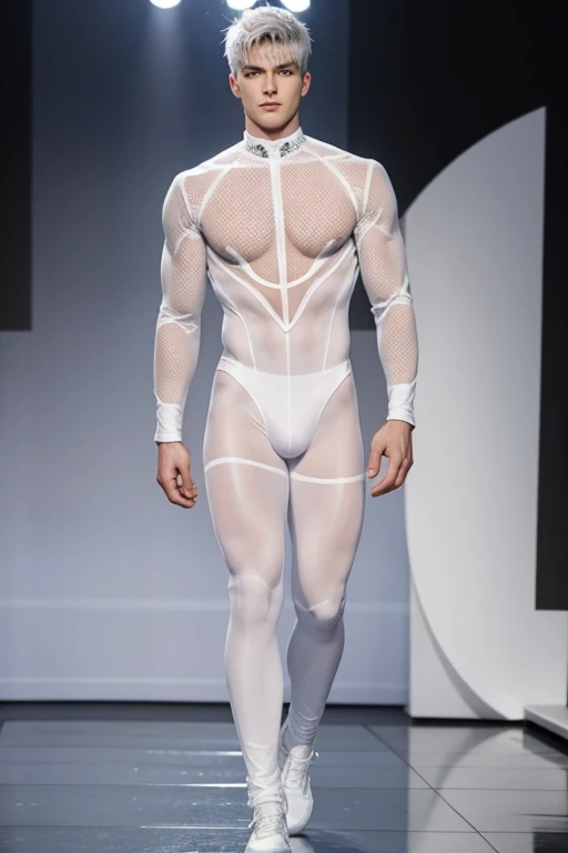 Full Body photorealistic handsome Hunky Jack Frost white see through mesh bodysuit  model walking in the runway for fashion show super massive bulge