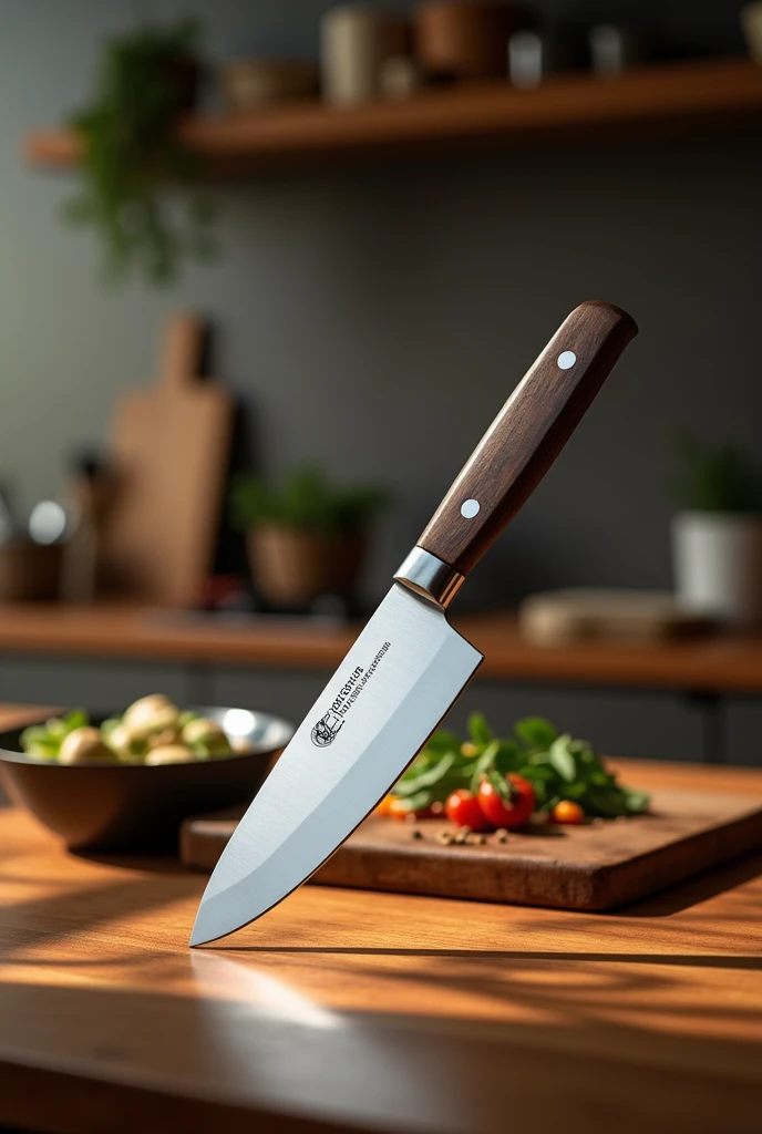 A beautiful picture of a kitchen cooking knife lying on a table in an modern African kitchen.