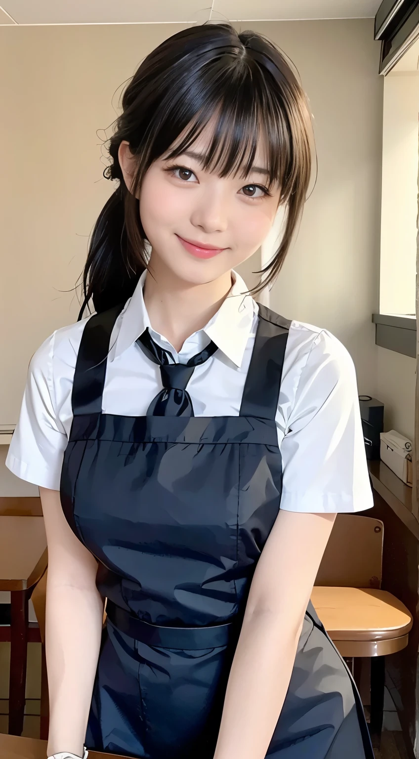 (Highest quality,masterpiece:1.3,Ultra-high resolution,),(Very detailed,Caustics),(Realistic:1.4,RAW shooting,)Ultra-Realistic Capture,Very detailed,High resolution 16K human skin closeup。 Natural skin texture、,pores、、、、It must be detailed enough to be easily identifiable。 Skin tone is even and healthy looking。 Use natural light and colour,restaurant,Waitress Uniform,1 girl,Japanese,18-year-old,cute,Black-haired,ponytail,Big Breasts,smile,Turn your body forward,(Front view:1.1),Looking into the camera,Cowboy Shot,