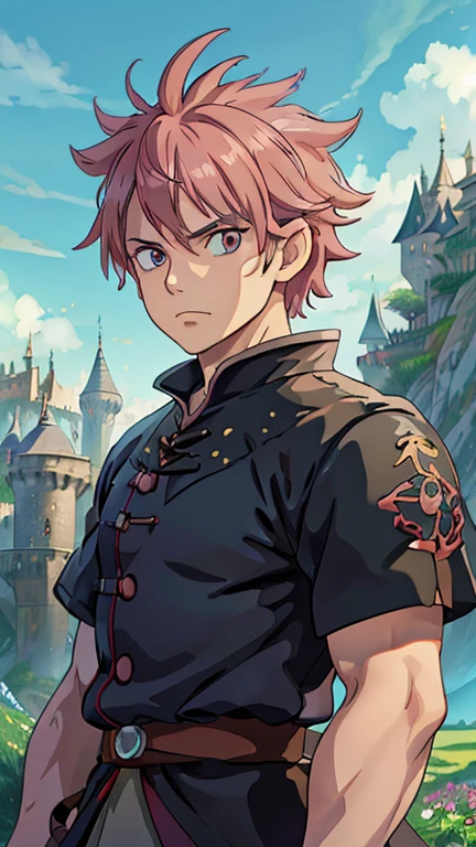 (1man, drk1ma1), (extremely detailed CG unit 8k wallpaper),(master part), (best quality), (ultra detail), (best illustration),(ghibli style), cowboy shot, (Sharp eyeliner, ombre, detail eyes:1), Hogwarts, outdoors background, ,break , (fairytaleai), upper body, 