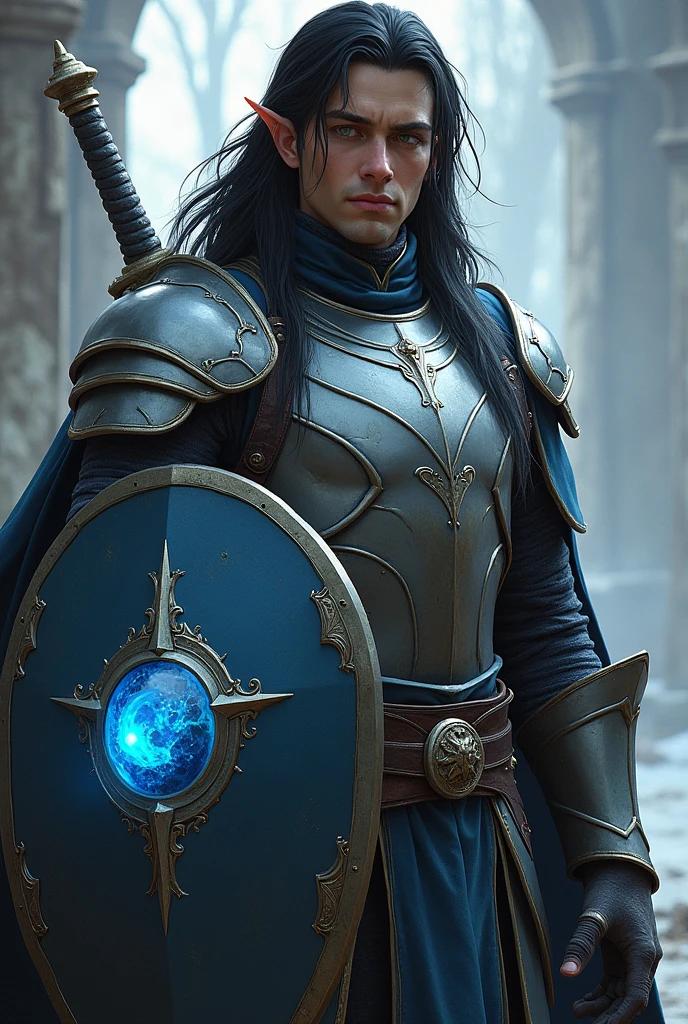 A handsome male elf with long, black hair wearing silver armor holding a sword and shield with a blue crystal 