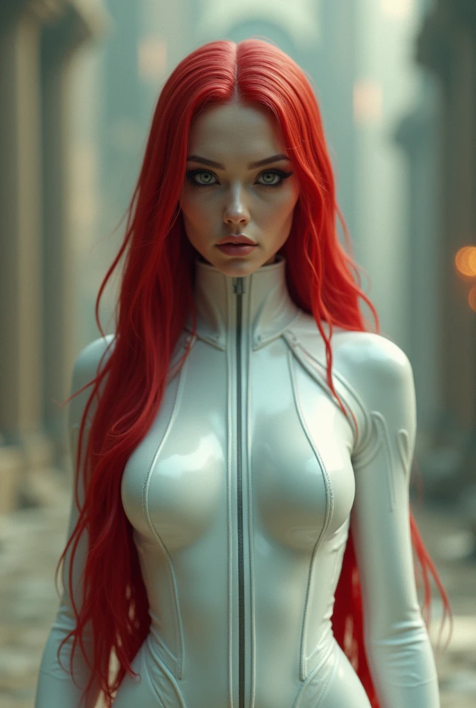meeting with the mechanical elves overlords (([red|black] hair)), long hair, white formfitting glossy outfit,look at viewer,  (soothing tones:1.0), (hdr:1.25), (artstation:1.2), dramatic, (intricate details:1.14), (hyperrealistic 3d render:1.16), (filmic:0.55), (rutkowski:1.1), (faded:1.3)