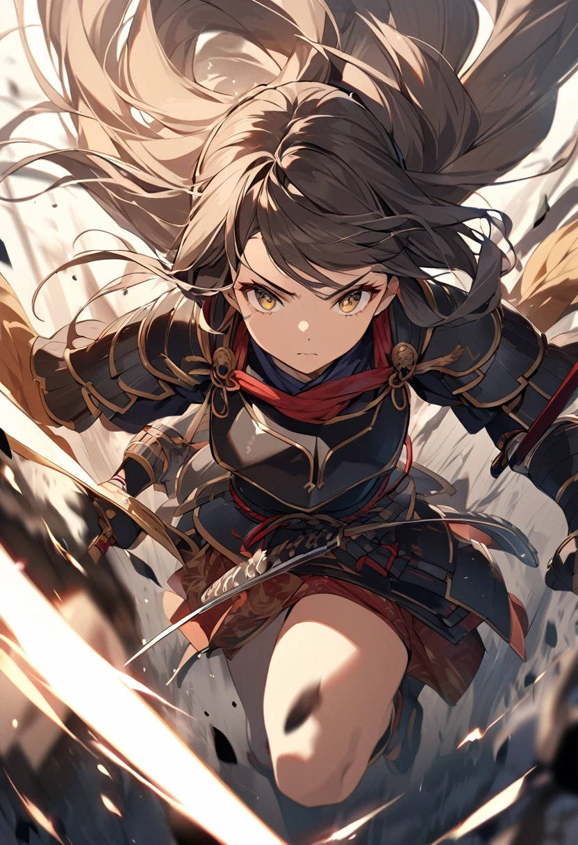 Create an action-packed scene featuring a -yeld fee samurai in the midst of an intense sword battle. She has dark, flowing hair that whips around her face as she moves with precision and grace. Her youthful face shows determination and focus, with a hint of fierce intensity in her eyes. She is dressed in traditional samurai armor that is both functional and ornate, with intricate details reflecting her high status. The armor is a mix of dark, earthy tones with hints of red and gold. She wields a katana with expert skill, the blade catching the light as it slices through the air. The background is a chaotic battlefield with blurred figures and motion, emphasizing the speed and ferocity of the fight. Dust and debris swirl around her, adding to the drama of the scene.