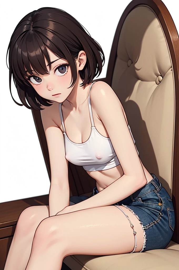 (((masterpiece, best quality, ultra highres, 1 girl, solo, no background))), super detailed skin and face and eyes and finger, beautiful japanese woman, small breasts:1.5, skinny, light brown hair, very short pixie hair, knee shot, white background, outline, anime, 2d, boyish, expressionless, cartoon, navel, Protruding nipples, thong, i.e. female genitals visible through tight clothing, spread legs, sitting, M legs, camisole, shorts,