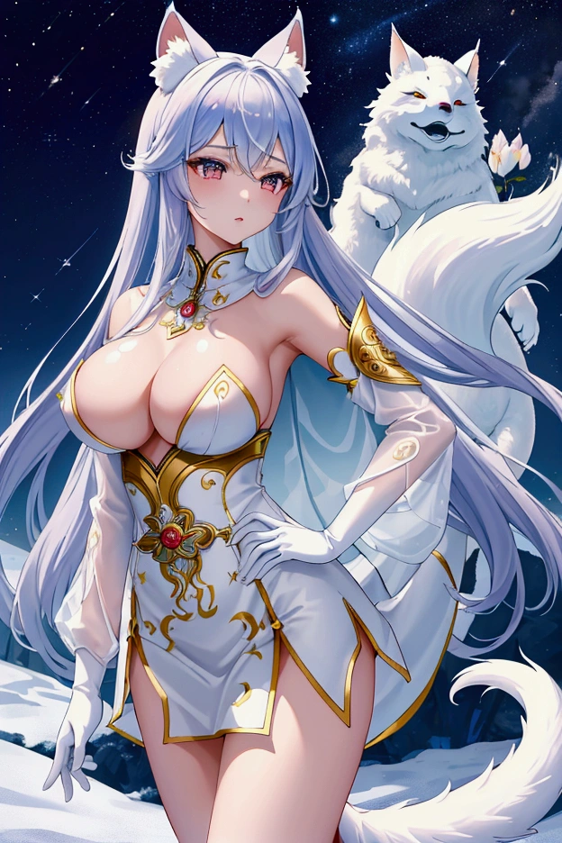 Highest quality, masterpiece, Ultra-high resolution, female、獣族のfemale王、Big Super Boobs、Tied waist、White skin、Snow Fox Beastman、Kemomimi、tail、single、Clothing that accentuates the contours of the body、Short skirt、valley、fascinate、Hands on hips、Confident