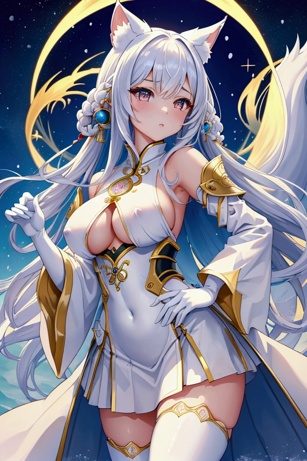 Highest quality, masterpiece, Ultra-high resolution, female、獣族のfemale王、Big Super Boobs、Tied waist、White skin、Snow Fox Beastman、Kemomimi、tail、single、Clothing that accentuates the contours of the body、Short skirt、valley、fascinate、Hands on hips、Confident