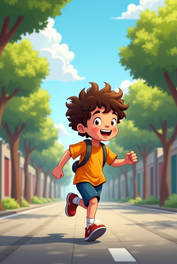 Boy with short curly hair running on the street in the road cartoon style