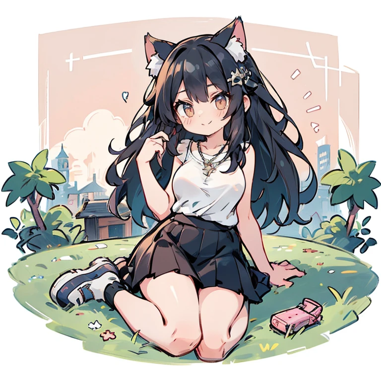 Anime Kawaii sexy Perfect Slim sensual body large breast and huge thighs, An intricate and highly detailed illustration of anime ( girl) Top view, flirtatious look, sweet smile, right hand arranging her hair, black hair, long, cat ears, silver eyes, defined body, SEX, athletic, casual clothes, sleeveless shirt, white, black skirt, dresser, sitting on the grass, Sunset, view of the town, Comfortable shoes, rattlesnake necklace , hair ornament, colorful, Hi-Def, ultra high quality, anime.