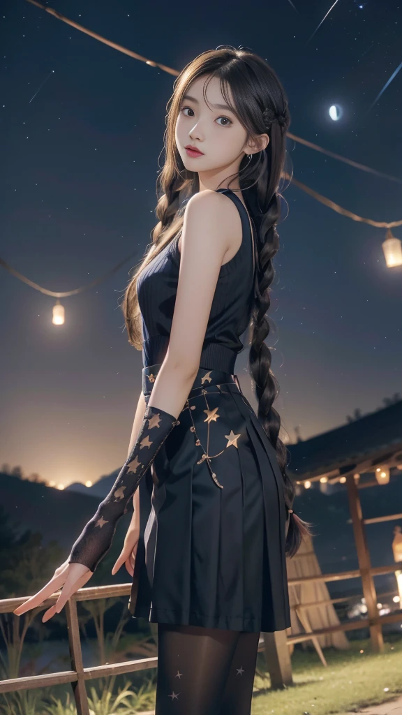 ulzzang-6500-v1.1, (RAW photo: 1.2), (Real photo), (Real photo: 1.4), 1 girl、Perfect anatomy、19 years old、Looking at the camera、Medium length hair、side braids, uniform short skirt, in a surreal royal garden, with many hanging lanterns, under the starry night sky, ((starry night: 1.1))、(Surreal tights: 1.2), (Business service)、Asian eyes Ella,