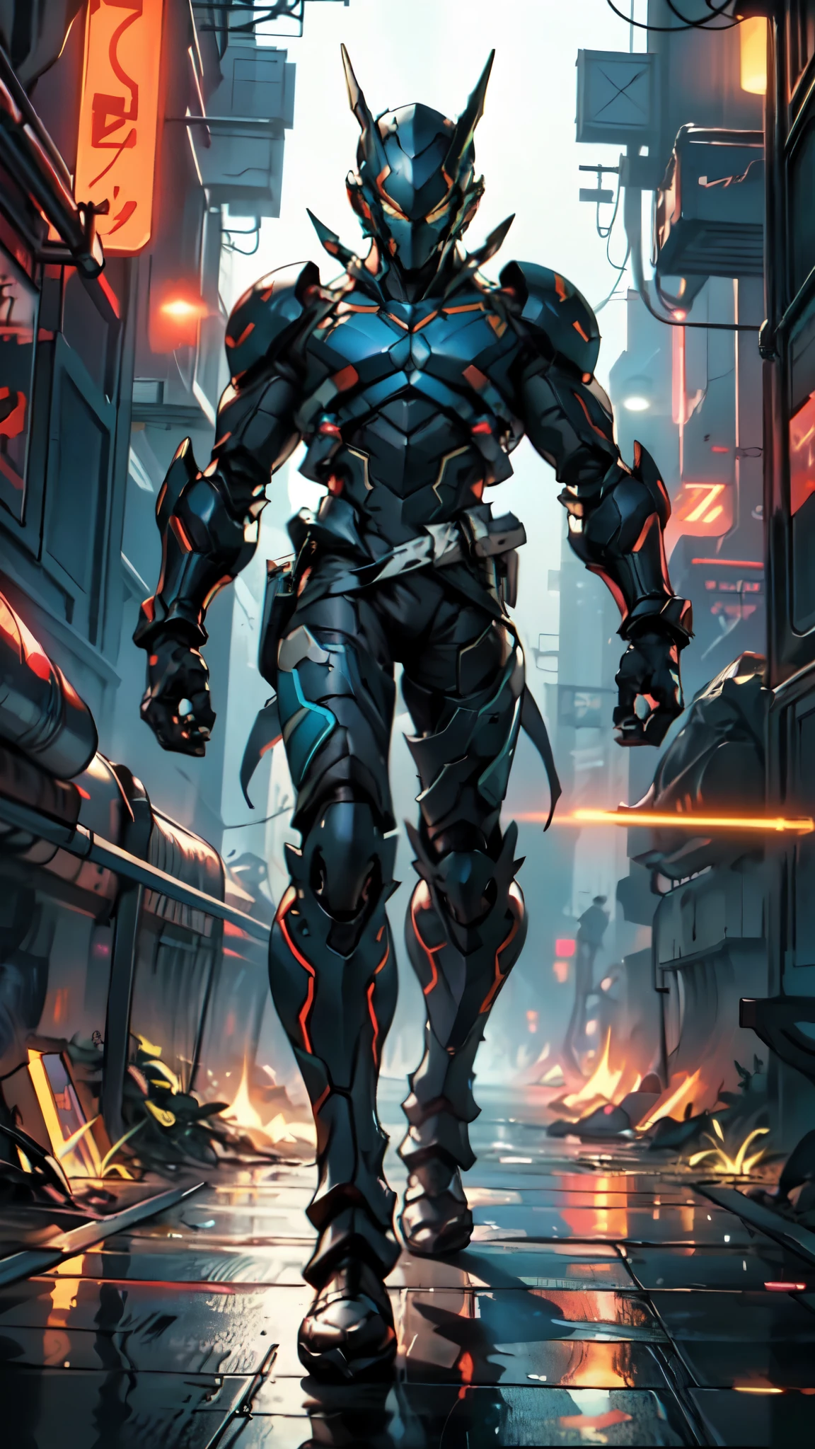 (masterpiece:1.5, best quality:1.5, extremely delicate:1.5), a man wearing a full-face helmet, a fantasy-style biotech armored combat suit, green eyes, (a composite layered chest armor), fully enclosed shoulder guards, matching arm and leg guards, belt of Neon circuit, (the color scheme is primarily blue with red and black accents), the design balances heavy with agility, a high-tech bio-mecha armor, (Armor Concept Inspired by neon Cyberpunk, stand on the top of a skyscraper in a futuristic sci-fi city), this character embodies a finely crafted fantasy-surreal style armored hero in anime style, exquisite and mature manga art style, (element, plasma, energy, the armor glows), ((male:1.5)), metallic, high definition, highres, ultra-detailed, ultra-fine painting, professional, perfect body proportions, golden ratio, anatomically correct, symmetrical face, extremely detailed eyes and face, high quality eyes, creativity, RAW photo, UHD, 32k, Natural light, cinematic lighting, masterpiece-anatomy-perfect